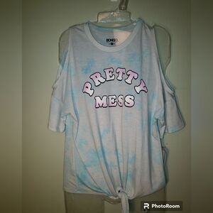 Bongo Pretty Mess Tie‑Dye Top Junior Large White Blue Cold SHLD Casual Tee NWT